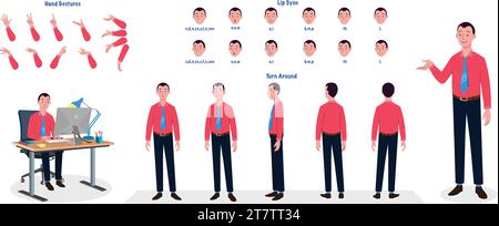 Ein Geschäftsmann-Modell. Geschäftsmann dreht das Blatt um, Handgesten, Lippensynchronisierung Stock Vektor