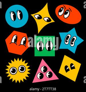 Retro-Cartoon-brutalistische Formen lustige Gesichter. Groovige Vintage 30er 60er 70er Jahre minimalistische Gesichter mit verschiedenen Emotionen auf abstrakten Formen Stock Vektor