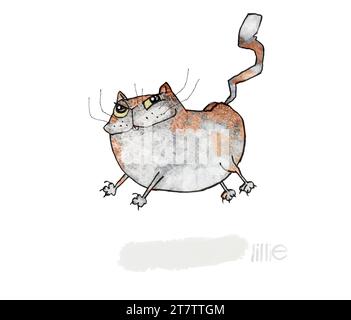 Kunstcartoon, Illustration einer glücklichen Katze, springen oder laufen, Anzug niedliche Buchkunst, Grußkarte, Zeitschriftenkunst, Drucke, Thema lustige Tiere, Haustiere. Stockfoto