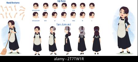 Ein süßes Mädchen-Modell-Blatt. Untergeordnetes Erstellungsset. Mädchen-Turnaround-Blatt, Handgesten, Lippensynchronisierung Stock Vektor