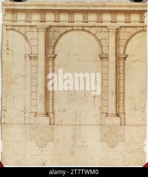 Francesco Borromini (Entwerfer in) Rom, Palazzo Barberini, Westfassade, Loggia im Erdgeschoss. Papier, fest; Stift zeichnen, lavt; Konstruktion aus Graphit, Zeichnung in Braun, laviert; Schrift in Stift und Graphit 1628-1629 , 1628/1629 Stockfoto