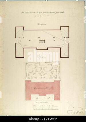 Carl von Hasenauer Wien II, obere Augartenstraße, Kinderkrankenhaus, Grundriss und Lageplan. Bleistift, Tinte mit Feder auf Papier, Aquarell 22.4.1869, 22. 04. 1869 Stockfoto