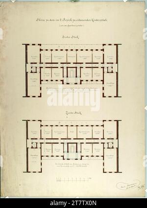 Carl von Hasenauer Wien II, obere Augartenstraße, Kinderkrankenhaus, Grundrisse. Tinte mit Feder auf Papier 22.4.1869 , 1869-04-22 Stockfoto