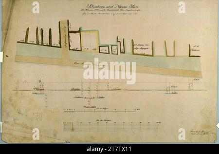 Franz Hahnschläger Wien II, obere Augartenstraße, Bauaufzeichnung für das Kinderkrankenhaus, Situation und Niveauplan. Bleistift, Tinte mit Feder auf Papier, Aquarell 1870 , 1870 Stockfoto