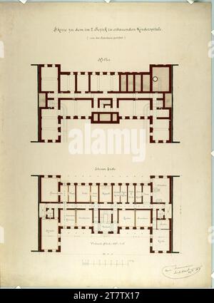 Carl von Hasenauer Wien II, obere Augartenstraße, Kinderkrankenhaus, Grundrisse. Tinte mit Feder auf Papier, Aquarell 22.4.1869, 22. 04. 1869 Stockfoto