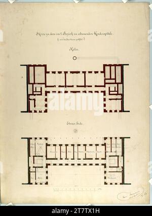 Carl von Hasenauer Wien II, obere Augartenstraße, Kinderkrankenhaus, Grundrisse. Tinte mit Feder auf Papier 10.5.1869 , 10.05.1869 Stockfoto