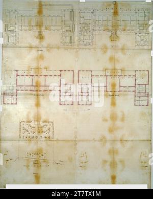 Carl von Hasenauer Wien II, obere Augartenstraße, Kinderkrankenhaus, Lageplan und Grundrisse. Tinte mit Feder auf Papier 1870 , 1870 Stockfoto