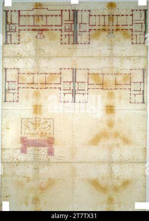 Carl von Hasenauer Wien II, obere Augartenstraße, Kinderkrankenhaus, Lageplan und Grundrisse. Tinte mit Feder auf Papier 1870 , 1870 Stockfoto