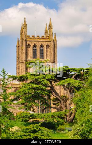 Blick auf den Glockenturm der Kathedrale der Heiligen Maria der Jungfrau in Hereford, Herefordshire, England, Großbritannien Stockfoto