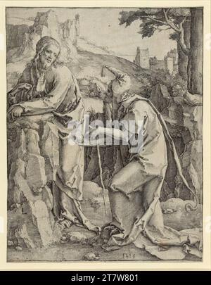 Lucas Hugensz. Van Leyden, die Versuchung Christi. Kupferstich 1518 , 1518 Stockfoto