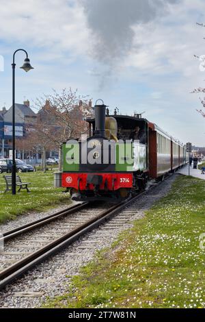 SAINT VALERY-SUR-SOMME, FRANKREICH, 8. April 2023: Ein Dampfzug der Somme Bay Railway fährt in der Picardie entlang. Die restaurierte Eisenbahn ist ein beliebter Touri Stockfoto