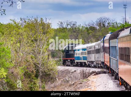 Hill Country Flyer Vintage Touristenzug, betrieben von der Austin Steam Train Association zwischen Cedar Park, Texas, und Burnet, Texas. Stockfoto