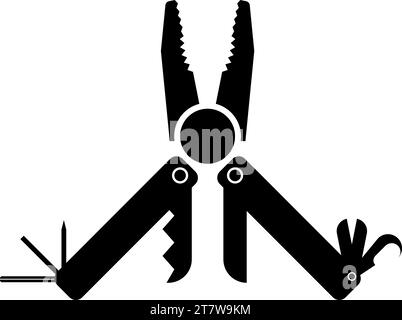 MultiTool Multifunktionsinstrument mit Zange Sägemesser Rasierer Hexaderöffner Ahle Utility Mehrzweckwerkzeug Camping Kit Tasche Symbol schwarz Farbe Stock Vektor