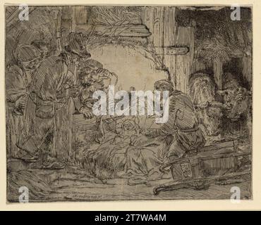 Rembrandt Harmensz. Van Rijn die Anbetung der Hirten, mit der Lampe. Ätzen; japanisches Papier; heller, flacher Ton um 1654 Stockfoto