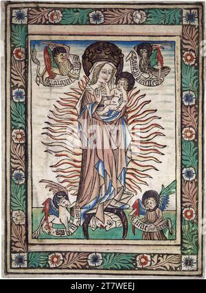 Anonym die Madonna in der Herrlichkeit auf der Mondsichel mit den evangelistischen Symbolen. Holzschnitt, farbig um 1450-1460 Stockfoto