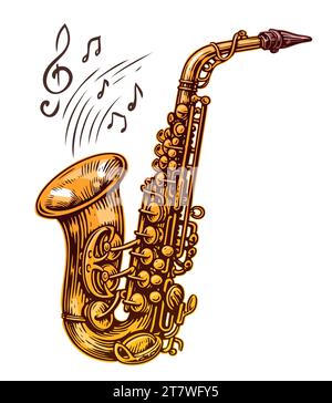 Saxophon mit Noten auf weißem Hintergrund. Bläserjazzmusikinstrument. Vektorabbildung Stock Vektor