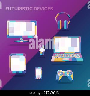 Futuristische, farbenfrohe Elektronikgeräte, Monitorset, Laptop, Tablet, Smartphone, Kopfhörer, Gaming-Controller, Uhr Stock Vektor