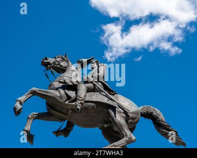 Skulptur von Präsident Andrew Jackson zu Pferd auf dem Gelände des State Capitol in Nashville, Tennessee Stockfoto