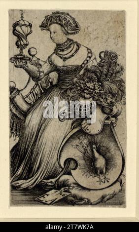 Erhard Altdorfer Lady mit Becher und Pfauenwappen. Kupferstich 1506 , 1506 Stockfoto