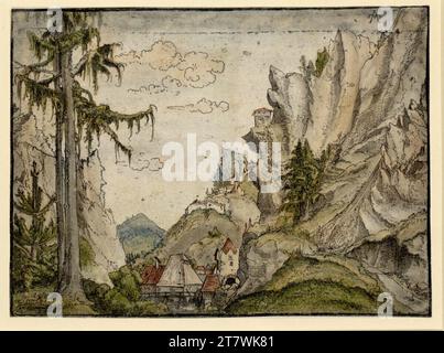 Erhard Altdorfer Berglandschaft mit Dorf. Ätzen, farbig Stockfoto