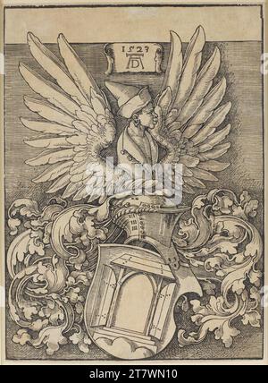 Albrecht Dürer das Wappen Albrecht Dürers. Holzschnitt; das Blatt wird links und rechts bis zum Rand der Platte 1523 , 1523 geschnitten Stockfoto