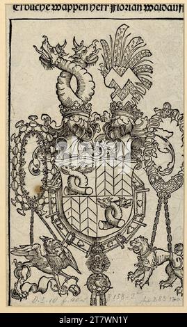 Anonym Wappen Herr Florian Waldauf (Waldauf) aus Waldenstein (Holzschnitt nach Birgitta von Schweden, Offenbarung, Nürnberg 1500, fol. A2V). Die Holzschnitt-Darstellung ist verkürzt. 1500 , 1500 Stockfoto