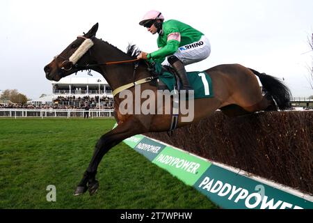 Homme Public wurde von Jockey Henry Brooke auf dem Weg zum Sieg der SSS Super Alloys Arkle Challenge Trophy Trial Novices' Chase am ersten Tag des Novembertreffens auf der Cheltenham Racecourse gefahren. Bilddatum: Freitag, 17. November 2023. Stockfoto