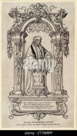 Hans Holbein d. J. Porträt des Erasmus Rotterdam in voller Zahl. Holzschnitt Erstauflage um 1538 (späterer Abdruck) Stockfoto