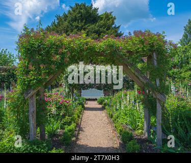 Eine blumenbedeckte Pergola im Rosengarten im Mottisfont House, Mottisfont, Hampshire, England, Großbritannien Stockfoto