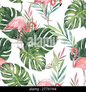 Nahtloses Muster rosa Flamingos mit grünen tropischen Blättern. Aquarellzeichnung von Hand auf weißem Hintergrund. Zeichnung für die Gestaltung von Souvenirs, S. Stockfoto