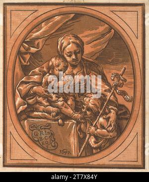 Bartolomeo Coriolano Maria mit Jesus und dem Johannes-Jungen. Clair OBSCUR Holzschnitt aus drei Platten 1641 , 1641 Stockfoto