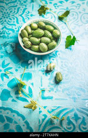 Cucamelon (Melothria scabra): Mexikanische saure Gurken, Pepquinos. Genießbares Gemüse mit hohem Kalium- und Vitamin C-Gehalt Stockfoto