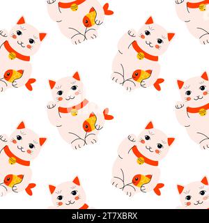 Niedliche Katzenpuppe maneki mit Fisch - nahtloses Muster Stock Vektor