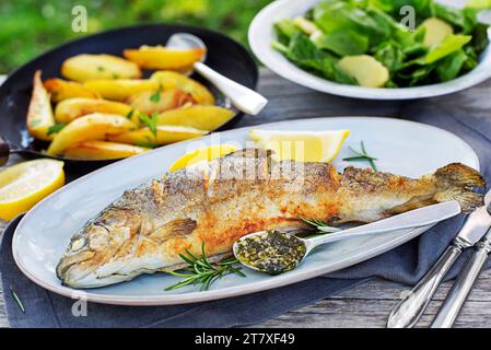 Gebratene traditionelle Flussforelle mit Salat, Kartoffeln und (Knoblauch-, Petersilie-)Sauce, draußen im Garten Stockfoto