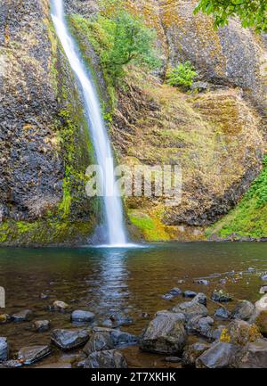 Horsetail Falls tauchen in Pool, Cascade Locks, Columbia River Gorge National Scenic, Region, Oregon, USA Stockfoto