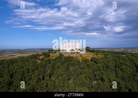 Castel del Monte auf einem Hügel umgeben von Bäumen, Blick aus der Vogelperspektive, UNESCO-Weltkulturerbe, Apulien, Süditalien, Italien, Europa Stockfoto