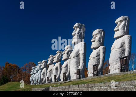 Moai Statuen vor blauem Himmel, Makomanai Takino Friedhof, Hügel des Buddha, Sapporo, Hokkaido, Japan, Asien Stockfoto