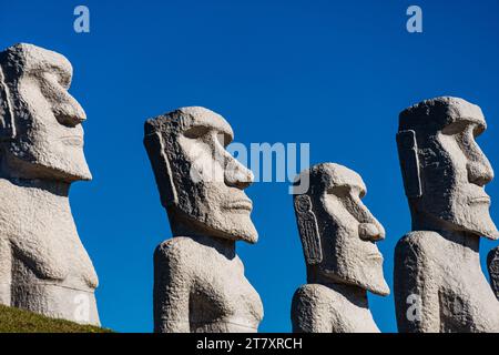 Moai Statuen vor blauem Himmel, Makomanai Takino Friedhof, Hügel des Buddha, Sapporo, Hokkaido, Japan, Asien Stockfoto