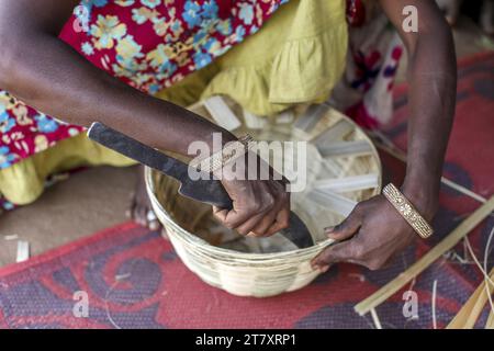 Adivasi-Frau macht Körbe in einem Dorf im Bezirk Narmada, Gujarat, Indien, Asien Stockfoto