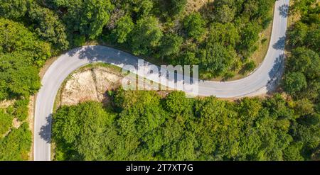 Erhöhter Blick auf die Straße, die sich durch Bäume schlängelt, in der Nähe von Borello, Emilia Romagna, Italien, Europa Stockfoto