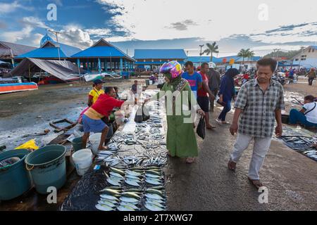 Händler, die frischen Fisch auf dem Fischmarkt in Sorong verkaufen, der größten Stadt der indonesischen Provinz im Südwesten Papua, Indonesien, Südostasien Stockfoto