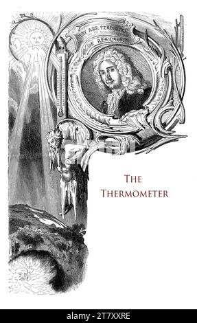 Typographisches Vintage-Frontkapitel über das Thermometer mit dem Porträt von René Antoine Ferchault de Réaumur (1683–1757) französischer Naturforscher und Erfinder des Alkoholthermometers Stockfoto