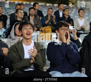 Teheran, Iran. November 2023. Die Fans jubeln dem chinesischen Hong Kong Team beim Spiel der Gruppe E zwischen China Hongkong und Iran bei der Qualifikation zur FIFA-Weltmeisterschaft 2026 in Teheran, Iran, am 16. November 2023. Quelle: Shadati/Xinhua/Alamy Live News Stockfoto