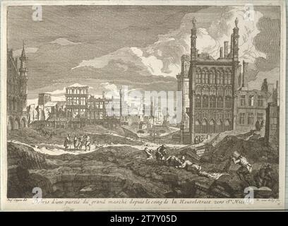 Richard van Orley die Zerstörung von Brüssel an den Pfarrer der Franzosen unter Villeroy im Sommer 1695: Trümmer eines Teils des Grand Marché entlang der Heuvelstraet in Richtung St. Nicolas. Kupfergravur Stockfoto