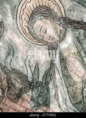 Jungfrau Maria mit Ochsen und Esel, ein Wandgemälde aus dem Jahr 1500 in der Kirche St. Mary, Elsinore, Dänemark, 14. Mai 2019 Stockfoto