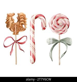 Set mit 3 Weihnachtsbonbons und Lutscher mit Schleife. Aquarellabbildung isoliert auf weißem Hintergrund für Winterferiendesign. Stockfoto