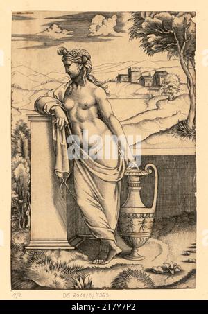 Agostino Veneziano (Graviererin) Frau, die neben einer Amphore steht. Kupferstich 1515-1530 , 1515/1530 Stockfoto