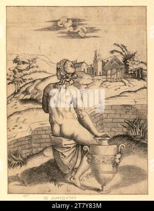 Unbestimmte Frau, die neben einer Amphora sitzt. Kupferstich 1515-1530 , 1515/1530 Stockfoto