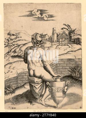 Unbestimmte Frau, die neben einer Amphora sitzt. Kupferstich 1515-1530 , 1515/1530 Stockfoto