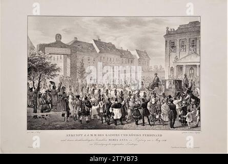 Franz Wolf (Lithograph in) Ankunft des kaiserlichen Ehepaares Ferdinand I. und Maria Anna von Österreich in Pressburg am 1. Mai 1836. Lithographie auf Papier 1836, 1836 Stockfoto